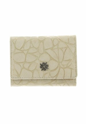 Portefeuille en cuir beige avec un motif ovale embossé, fermeture à rabat, et un petit emblème métallique sur le devant. Texture lisse et forme compacte.