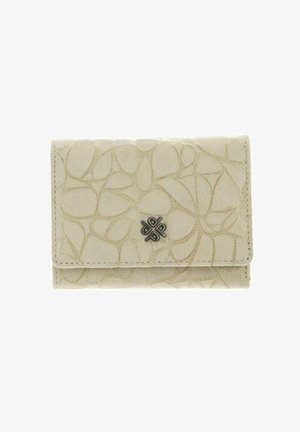 Portefeuille en cuir beige avec un motif ovale embossé, fermeture à rabat, et un petit emblème métallique sur le devant. Texture lisse et forme compacte.