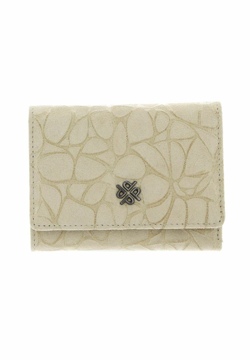 Portefeuille en cuir beige avec un motif ovale embossé, fermeture à rabat, et un petit emblème métallique sur le devant. Texture lisse et forme compacte.