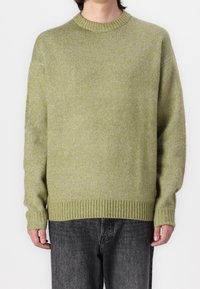 Jasnozielony, oversize’owy sweter z dzianiny z prążkowanym dekoltem i dolną krawędzią. Charakteryzuje się teksturowaną tkaniną i opuszczonymi ramionami. Noszony na ciemnych jeansach.