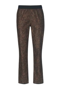 Bruine gestreepte broek met een loofontwerp, voorzien van een zwarte elastische tailleband en een rechte pijp. De stof lijkt glad en gestructureerd te zijn.