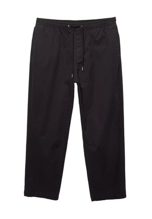 Črne, lahke hlače z elastičnim pasom in nastavljivim vrvico. Imajo sproščen kroj in urejen šiv ob šivih.