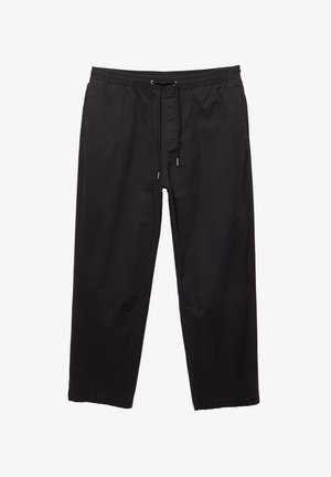 Čierne, ľahké nohavice s elastickým pásom a nastaviteľným sťahovacím šnúrom. Majú voľný strih a úhľadné švy pozdĺž švov.