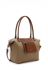 Borsa a spalla con corpo in nylon beige e dettagli in pelle marrone. Presenta manici doppi, tasca con zip e dettagli di cuciture a contrasto.