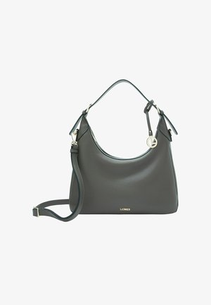 Dark grey leather handbag with a curved shape, textured surface, detachable strap, and gold-tone logo. Accented with a circular hardware detail.