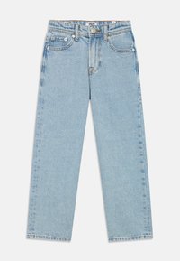 Φωτεινά μπλε τζιν με ευθεία γραμμή, πέντε τσέπες, διακριτή υφή υφάσματος, φερμουάρ και μεταλλικό κουμπί στη μέση.