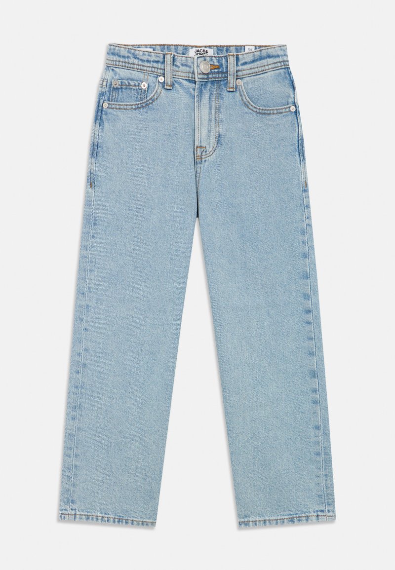 Φωτεινά μπλε τζιν με ευθεία γραμμή, πέντε τσέπες, διακριτή υφή υφάσματος, φερμουάρ και μεταλλικό κουμπί στη μέση.