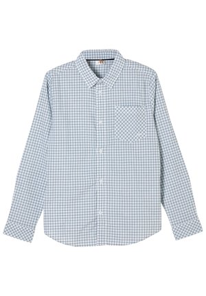 Koszula na guziki z długim rękawem w jasnoniebieskim kolorze z drobnym wzorem w kratkę. Posiada kołnierzyk oraz kieszeń na piersi. Materiał wydaje się tkany.
