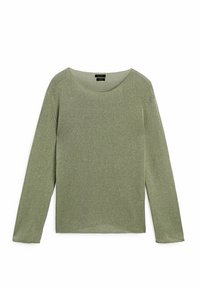 Pull à manches longues vert clair avec un col en U, fabriqué en tissu doux et texturé, avec une coupe décontractée et des détails de couture subtils.