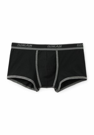 Czarne bawełniane bokserki z szarym pasem, na którym widnieje branding "INTIMISSIMI UOMO", szare przeszycia oraz wzór na przedniej części.