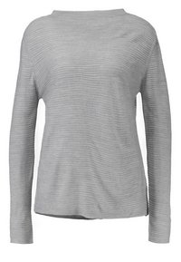 Grauer Langarmpullover mit einem strukturierten horizontalen Streifenmuster, Rundhalsausschnitt und leicht lockerer Passform. Weicher, leichter Stoff.