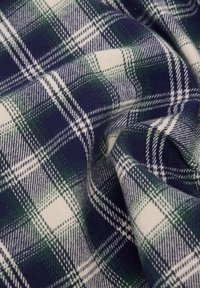 Tessuto di cotone a quadri con una combinazione di blu e verde e accenti bianchi. La trama appare morbida e tessuta con un motivo a scacchi.