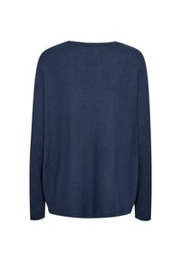 Navy blue long-sleeve top with a wide neckline and relaxed fit. Soft, textured fabric; no visible patterns or hardware.
