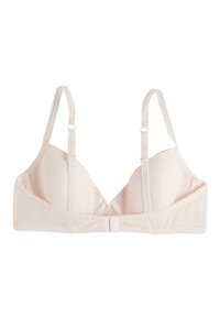 Soutien-gorge rose clair avec une texture à pois, bretelles réglables et fermeture à crochet. Tissu lisse avec un design de bonnet triangulaire.