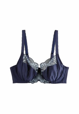 Navy blue bra with lace accents, structured cups, and ribbed texture. Adjustable straps and floral lace detailing enhance the design.