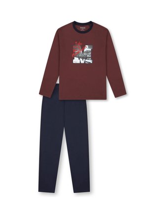 Bordeauxfarbenes Langarmshirt mit einem Berggrafik und rotem Text, kombiniert mit navyblauen Hosen mit elastischem Bund, beide aus weichem Baumwollstoff gefertigt.