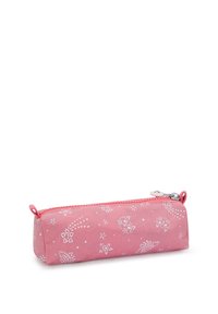 Pink zippered pencil case with white patterns of bows, stars, and animals. Made of soft material, featuring rounded edges and two side loops.