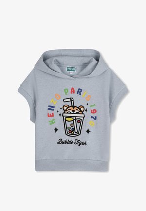 Grijze hoodie met korte mouwen en een grote kleurrijke afbeelding van een drinkbeker en een tijger, met de tekst "KENZO PARIS 1970" en "Bubble Tiger."