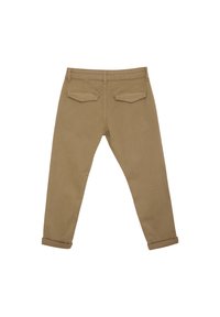 Beige slim-fit chinos met een platte voorkant, twee achterzakken en opgerolde mouwen, gemaakt van een zachte, textuurrijke katoenmix.