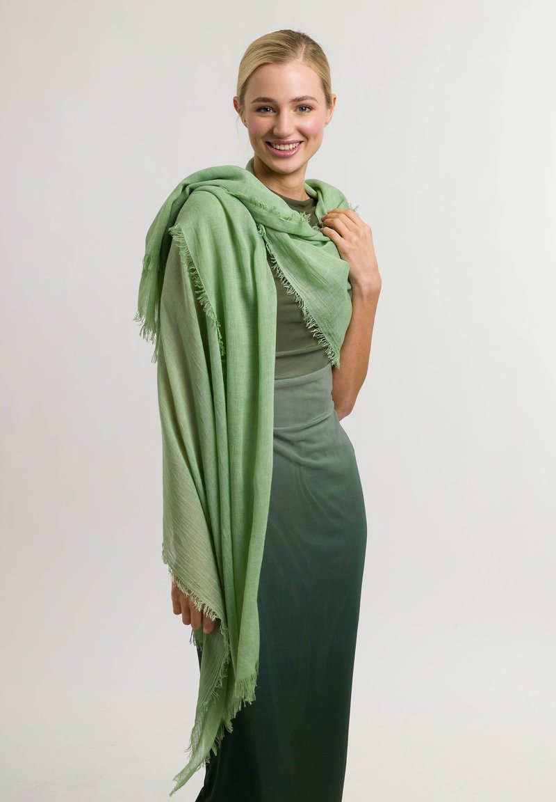 Ljusgrön scarf i mjukt, flöjande material, med fransade kanter. Draperad elegant över en mörkgrön klänning, vilket skapar en lager-effekt.
