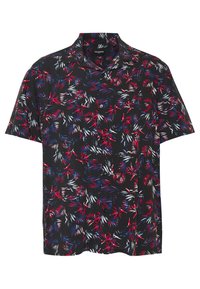 Kurzärmeliges Hemd aus schwarzem Stoff mit einem mehrfarbigen Blattmuster in Rot, Blau und Weiß. Vorderseite mit Knöpfen und lockerer Passform.