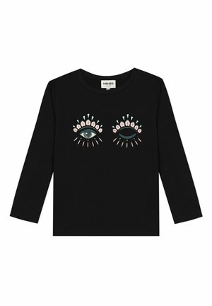 Zwart shirt met lange mouwen met een grafische print van twee gestileerde ogen met kleurrijke accenten en decoratieve wimpers. Zachte stoftextuur.