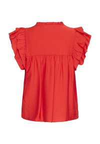 Blusa rossa con maniche corte a balze, tessuto strutturato, retro gatherato e scollatura alta. Leggera, vestibilità ampia, ideale per un look casual.