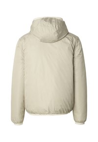 Beige dunjakke med hette. Har elastiske mansjetter og kant, glatt tekstur og minimalistisk design. Egnet for kaldt vær.