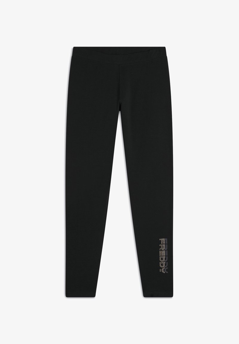 Leggings neri realizzati in materiale elasticizzato con una superficie liscia. Presentano un logo "FREDDY" lucido decorato con strass sulla parte bassa della gamba.