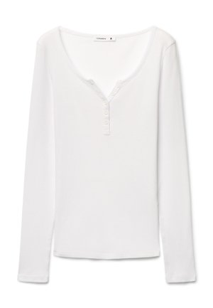 Maglietta bianca Terranova a maniche lunghe a coste, con scollo a barchetta e patta con quattro bottoni, taglia piccola.