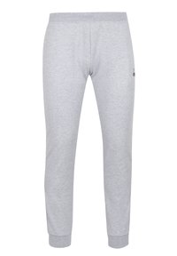 Pantaloni grigi in felpa con vita elastica e polsini, realizzati in tessuto morbido. Presentano dettagli minimi e un piccolo logo sul davanti.