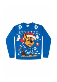 Maglione lavorato a maglia blu con un cane dei cartoni animati vestito con un maglione di Natale e un cappello, decorato con motivi di fiocchi di neve bianchi, alberi e bastoncini di zucchero.