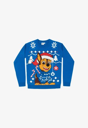 Maglione lavorato a maglia blu con un cane dei cartoni animati vestito con un maglione di Natale e un cappello, decorato con motivi di fiocchi di neve bianchi, alberi e bastoncini di zucchero.