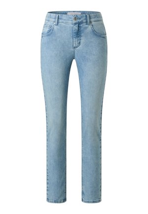 Jean en denim bleu clair coupe slim avec fermeture avant à boutons et glissière, passants pour ceinture, poches avant et arrière.
