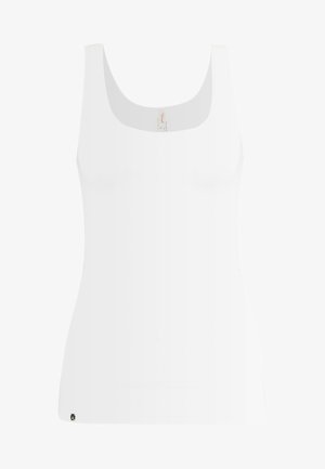 Hvit tanktopp, glatt bomullsblanding stoff, ermeløs design, scoop-hals, tettsittende fasong, har en liten logo på kanten.