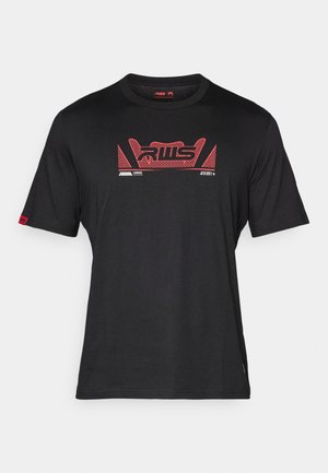 Black T-shirt made of cotton with a crew neck, featuring a red graphic design on the front, including the letters "RWLS" and geometric accents.