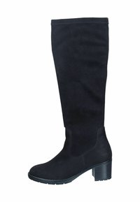 Bota negra de ante hasta la rodilla con tacón de bloque. Presenta una textura suave y elasticidad lateral para un mejor ajuste. Diseño simple sin adornos.