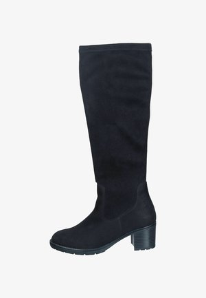 Bota negra de ante hasta la rodilla con tacón de bloque. Presenta una textura suave y elasticidad lateral para un mejor ajuste. Diseño simple sin adornos.