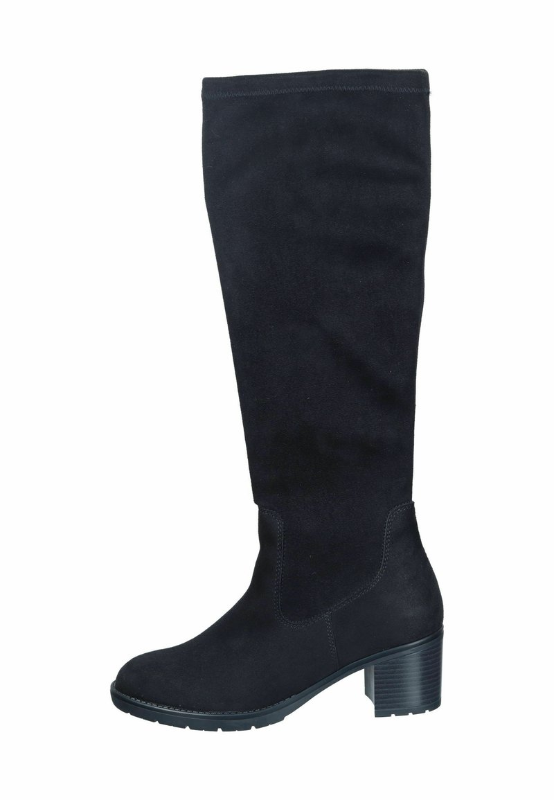 Bota negra de ante hasta la rodilla con tacón de bloque. Presenta una textura suave y elasticidad lateral para un mejor ajuste. Diseño simple sin adornos.