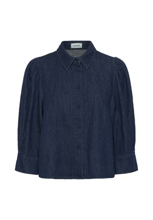 Chemise en denim foncé avec un col, des manches bouffantes et une fermeture à boutons. Présente une texture douce et un tissu légèrement dégradé.