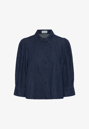 Donkerdenim overhemden met een kraag, pofmouwen en knopen aan de voorkant. Heeft een zachte textuur en subtiel vervaagd materiaal.