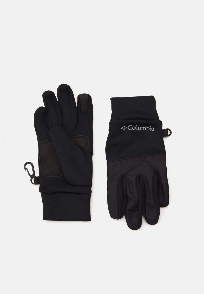 Fekete kesztyű, puha, textúrált anyagból, öt ujjal, rögzítésre szolgáló akasztóval és egy logóval a csukló területén.