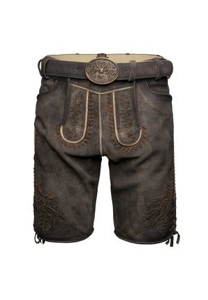 Pantalones cortos de cuero con costuras decorativas, color marrón oscuro, y un cinturón metálico con un diseño de asta. Detalle de cordones en los lados.