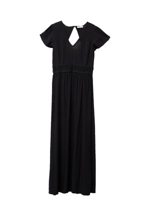 Vestido maxi negro con mangas cortas, escote con forma de ojo de cerradura y cinturilla bordada. Tejido suave con una silueta fluida.
