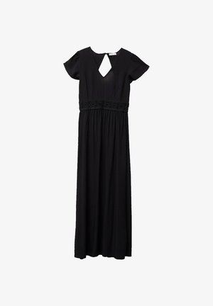 Vestido maxi negro con mangas cortas, escote con forma de ojo de cerradura y cinturilla bordada. Tejido suave con una silueta fluida.