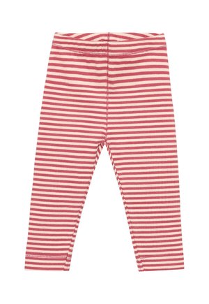 Kinderleggings met roze-witte horizontale strepen en een elastische tailleband, plat gelegd op een witte achtergrond.