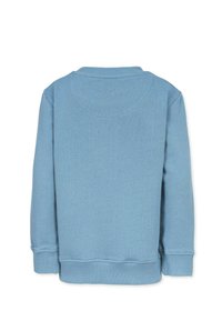 Ljusblå sweatshirt, bomullsblandning, rundad halsringning, ribbade manschetter och nederkant, enfärgad, inga synliga logotyper eller mönster, bakvy visas.