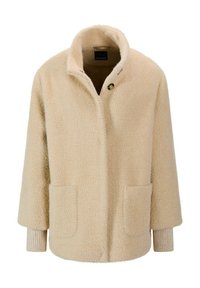 Beige wollenblend jasje met een textuurafwerking, oversized pasvorm, staande kraag en twee voorkleding. Gebreide manchetten verbeteren het ontwerp.