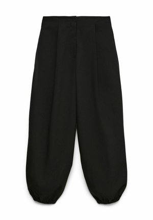 Pantaloni neri a vita alta con taglio affusolato, polsini elastici arricciati e fronte piatto, mostrati su sfondo bianco.