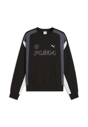 Sweat-shirt Puma noir à manches longues avec des panneaux latéraux gris et blancs, logo Puma et grand texte "PUMA" sur la poitrine.